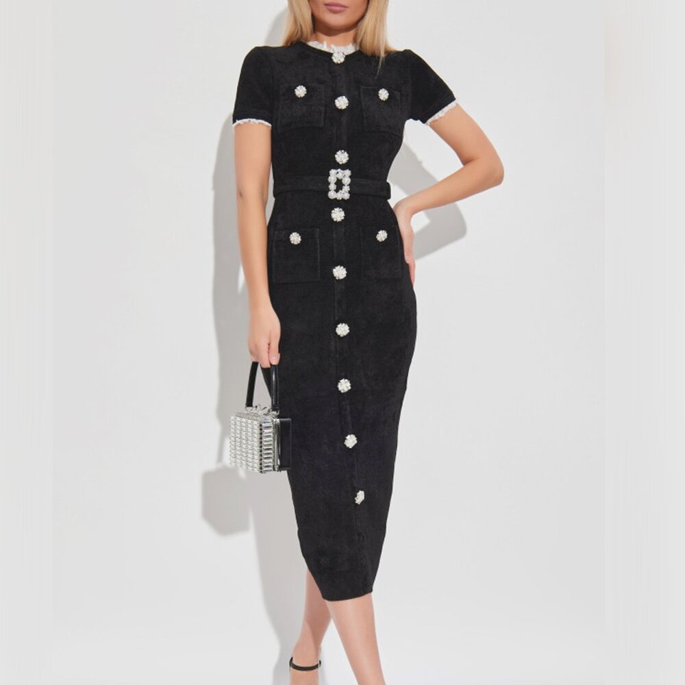 Self-Portrait Black Chenille Knit Midi Dress